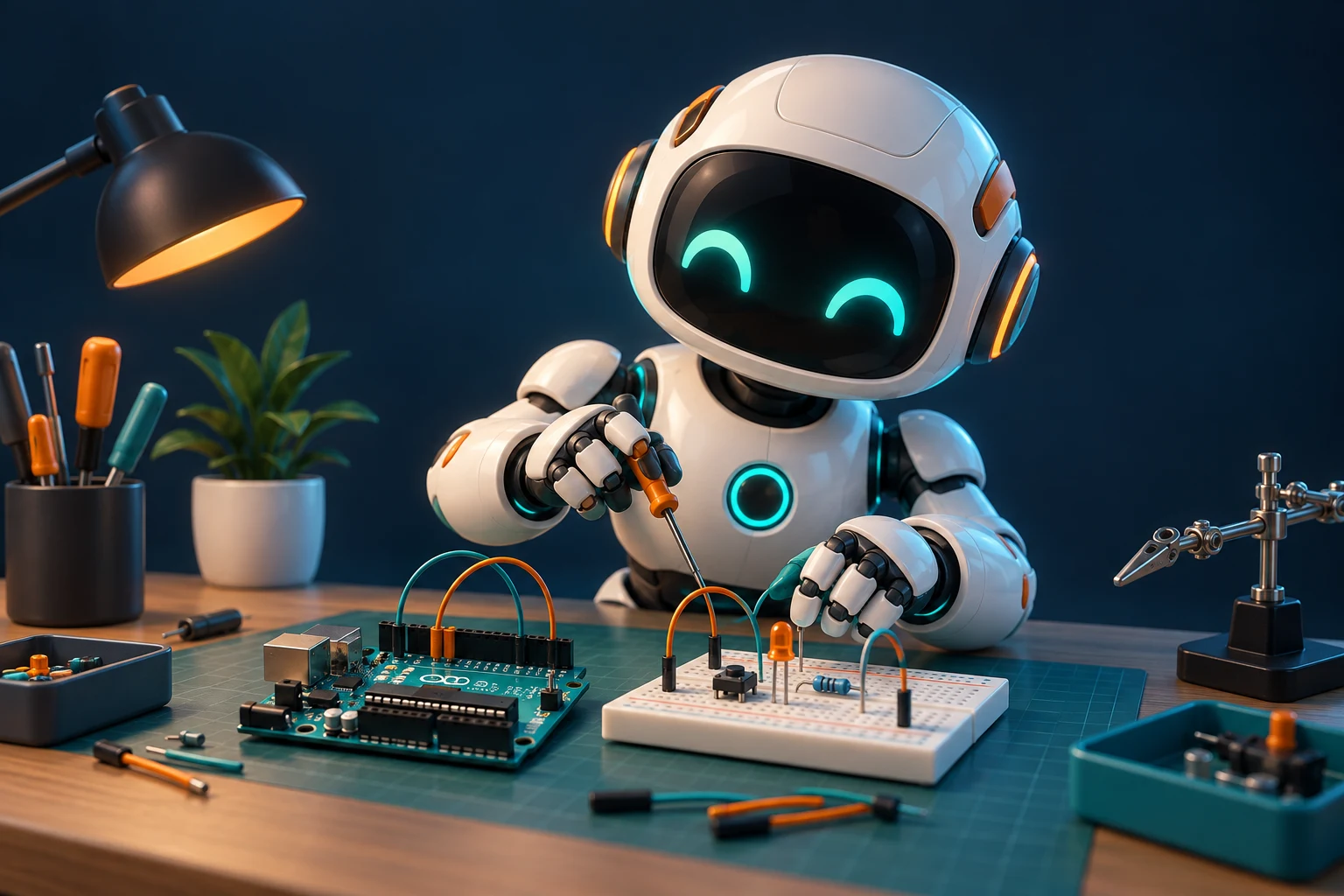 Robot blanco junto a una placa de programación y una protoboard en una mesa de trabajo